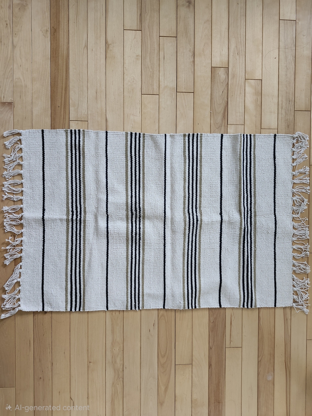 Woven Accent Mat Throw Rug Natural Beige Black Gold Striped Tassels Boho Decor